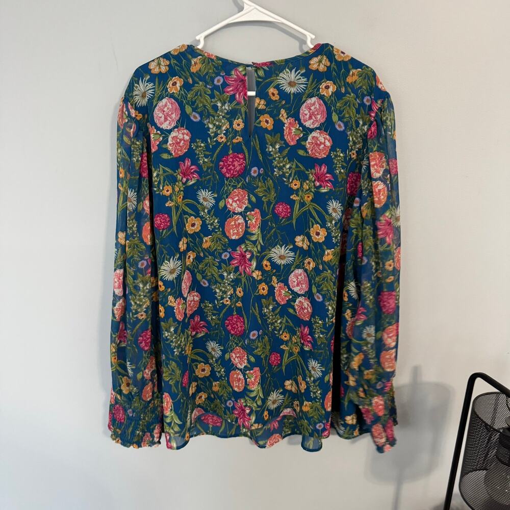 Terra & Sky Blue Floral Smocked Chiffon Top Women's Plus Size 3X / 24W - 26W - Picture 4 of 10